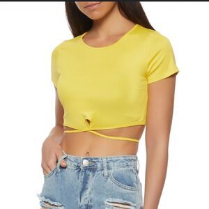 BRAND NEW LOVE J RIB KNIT WRAPPED WOMEN"S SHORT SLEEVE CROP TOP